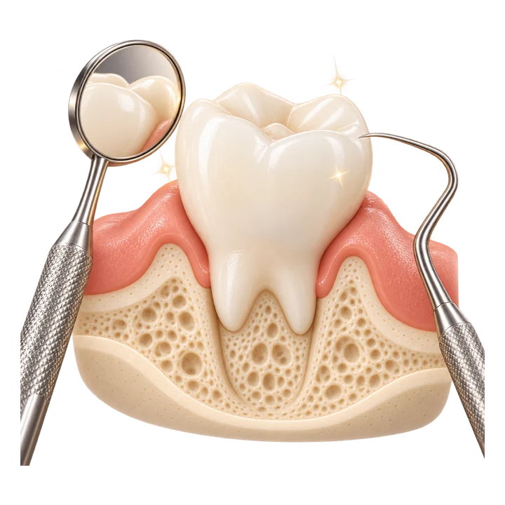 Dente saudável com espelho clínico e sonda, representando prevenção