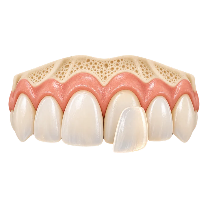 Dente com lente de porcelana sendo posicionada sobre os dentes anteriores