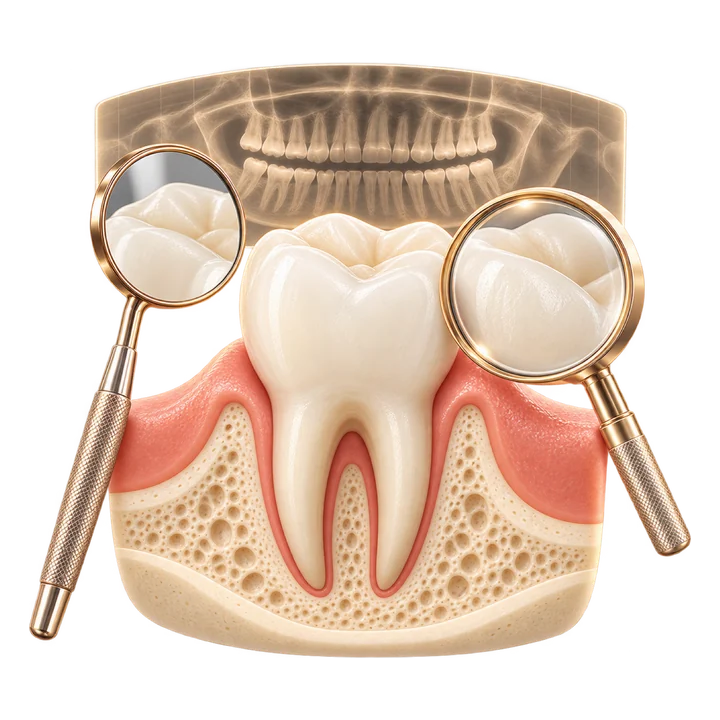 Espelho clínico, lupa e radiografia para avaliação do dente